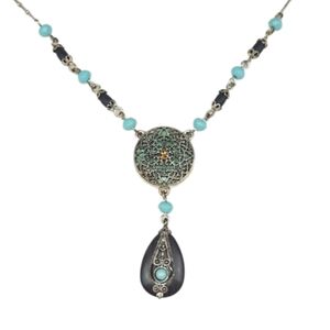 70's Vintage Marcasite Silver Pendant Necklace with Turquoise Beads